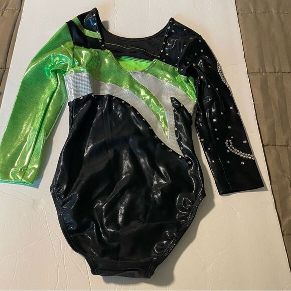 Ozone gymnastics green foil competition 3/4 sleeve custom leotard rhinestone YL - Picture 5 of 11